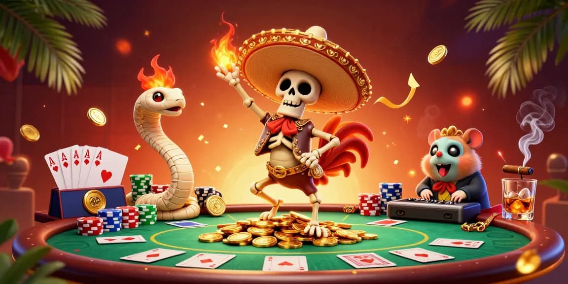 Z188 players enjoying festive casino atmosphere with poker elements and dynamic characters