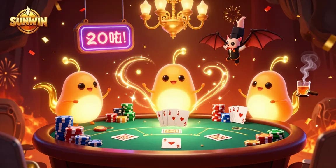 SUNWIN illuminates a vibrant casino scene with glowworms and a bat dealer, showcasing poker action and excitement.