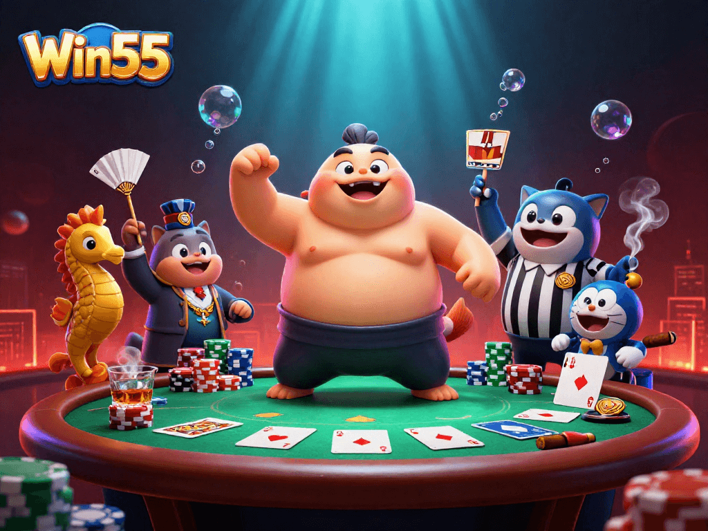 Win55 poker scene featuring fugu in a sumo belt, catfish referee, and vibrant underwater elements.