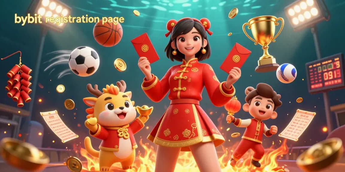 Engage with the bybit registration page, witness a vibrant scene filled with festive elements and dynamic sports betting visuals.