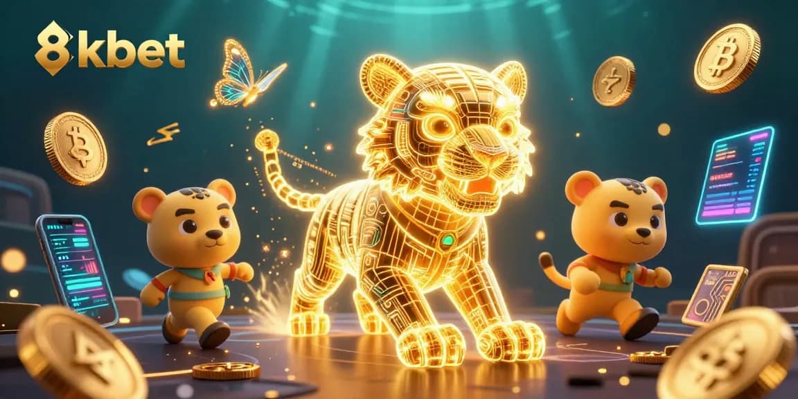 Immerse in the vibrant 8kbet casino experience with a lively golden tiger and dynamic crypto elements.
