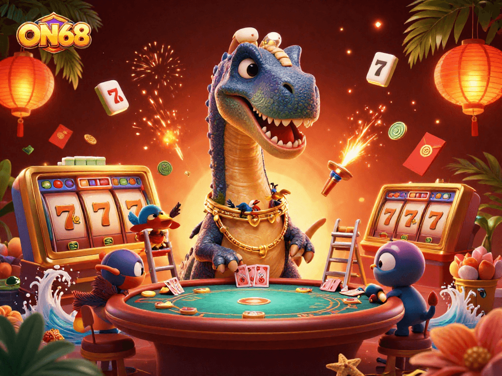 Experience thrilling action at ON68 with a brontosaurus overseeing a bustling casino scene featuring poker and jackpot slots.