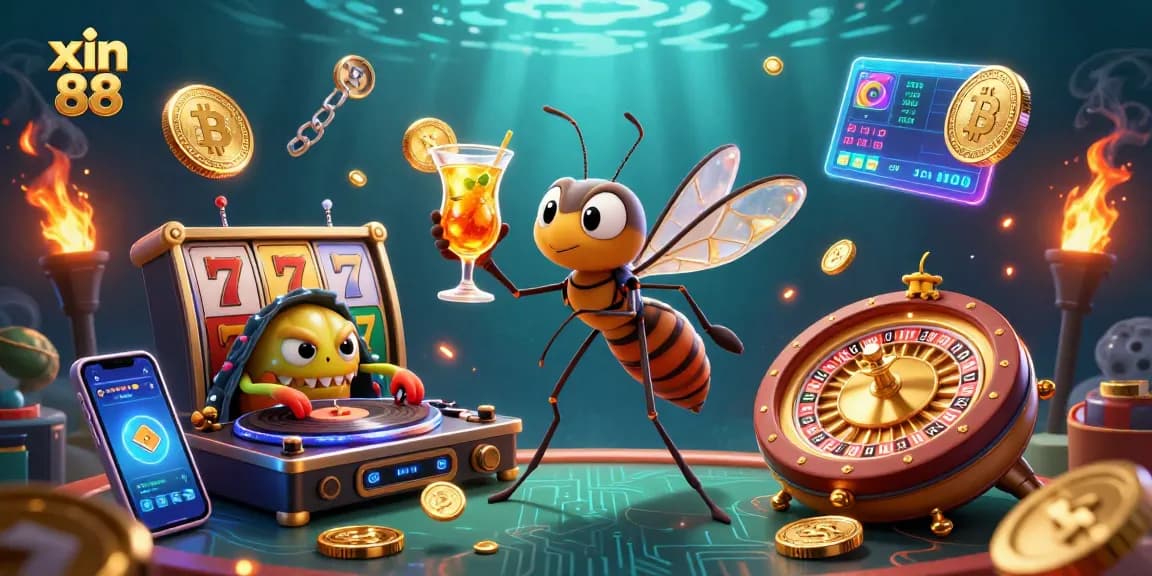 Experience thrilling gaming with xin 88 at a vibrant casino scene featuring slot reels and a unique cocktail mascot.