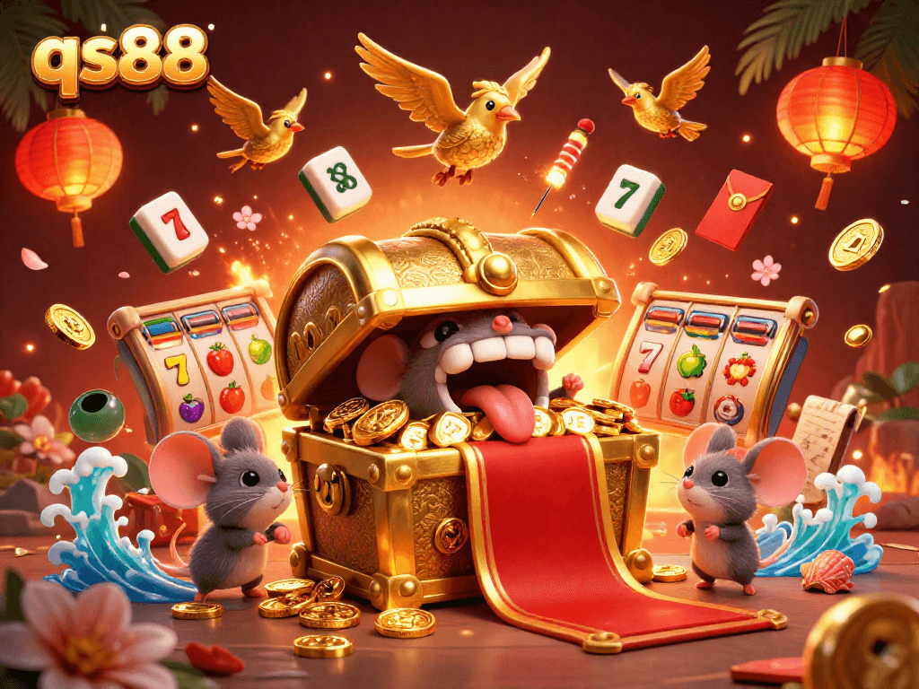 Spin to win jackpots with qs88 in this vibrant treasure hunt illustration.