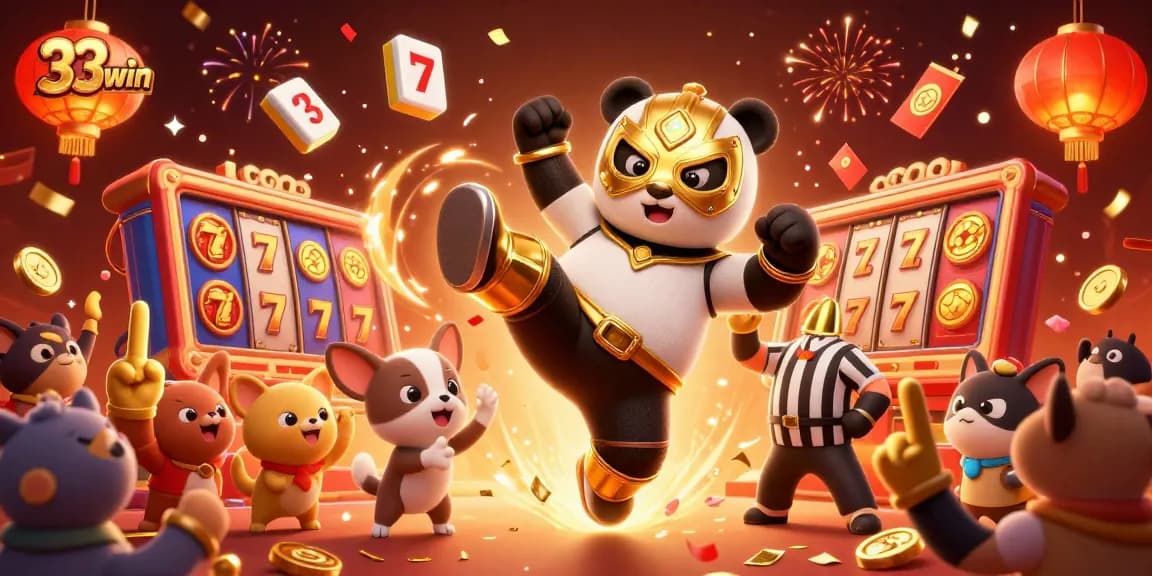 33win showcases an exciting atmosphere with a panda wrestler and animal fans in a bustling casino scene.