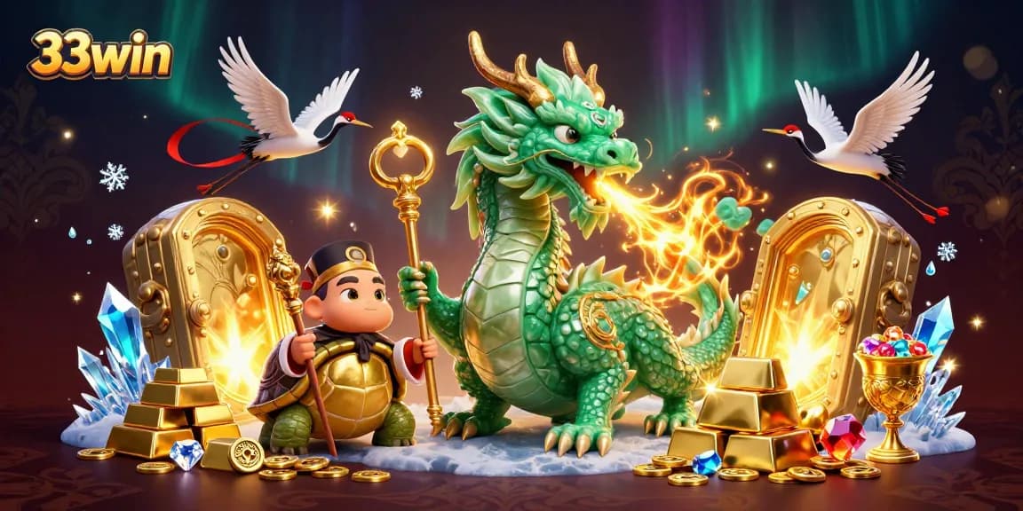 Win big at 33win with an enchanting casino-themed illustration featuring a majestic dragon and treasures.