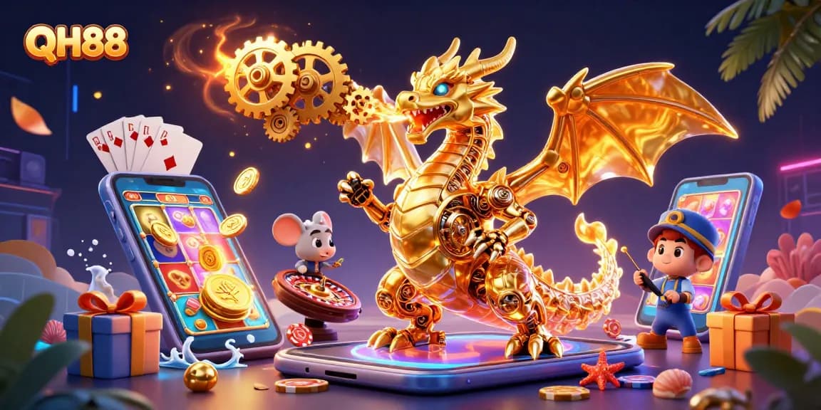 Play exciting games at QH88 with our immersive 3D illustration featuring a golden dragon!