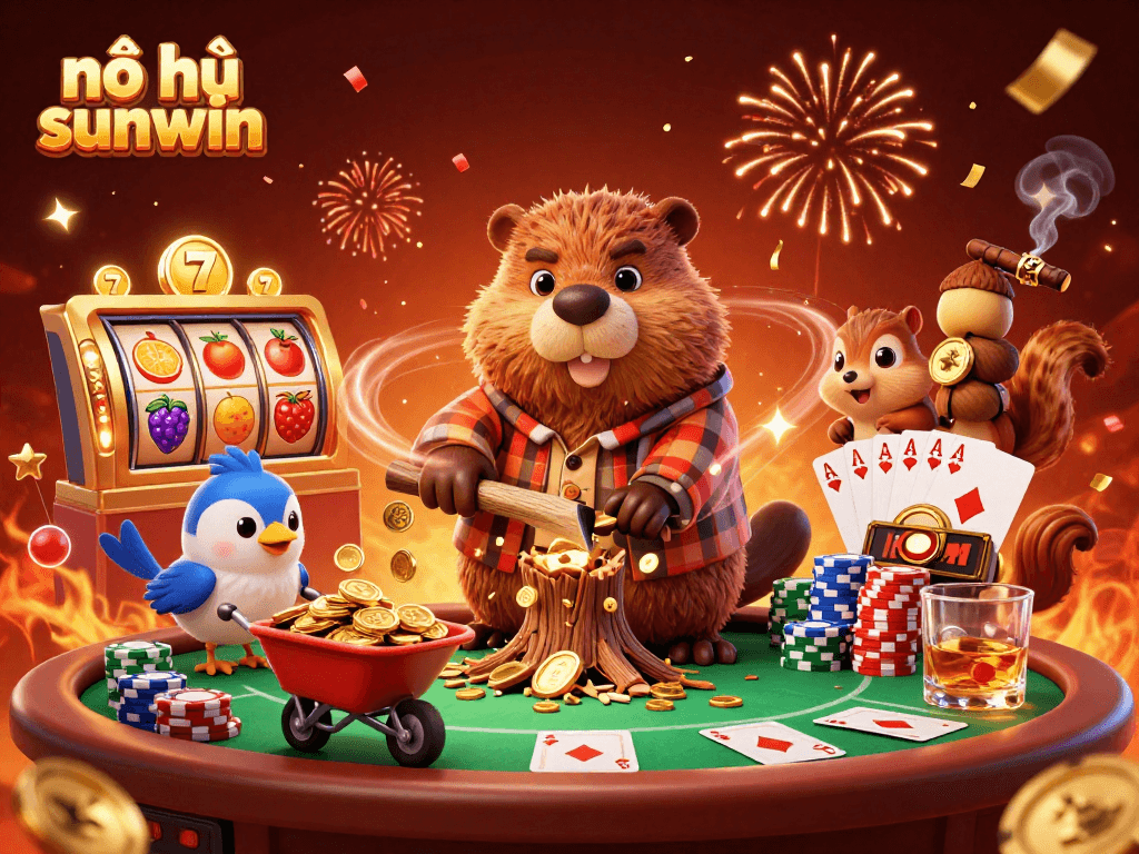 Experience thrilling nổ hũ sunwin action with a vibrant cartoon scene of characters enjoying casino elements.