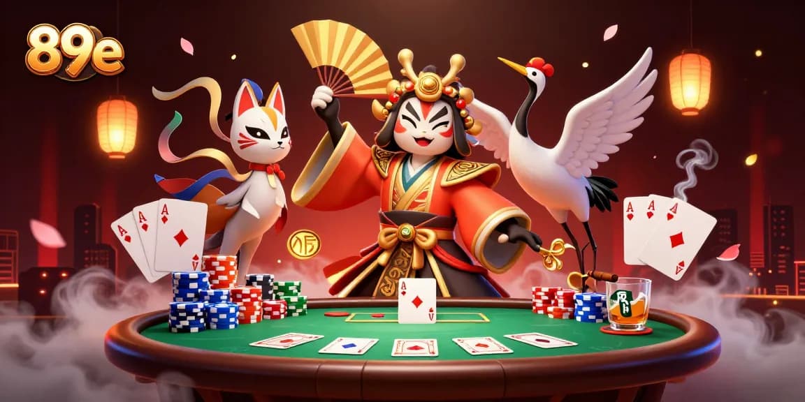 Experience the excitement of 89e with a dynamic scene of a kabuki warrior and poker elements.