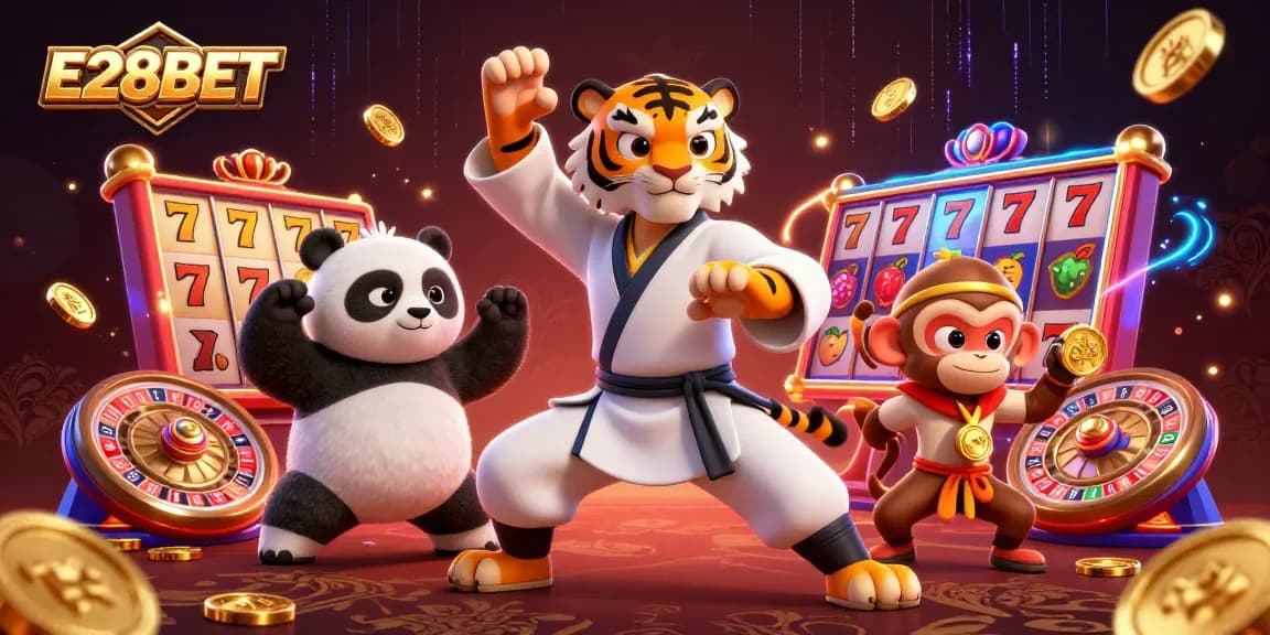 E28BET players enjoy thrilling slot machine action with engaging cartoon characters in a dynamic casino scene