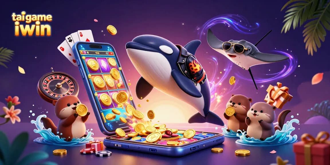 Tai game iwin showcasing a playful orca whale, stingray, and otters with coins in a vibrant casino scene.