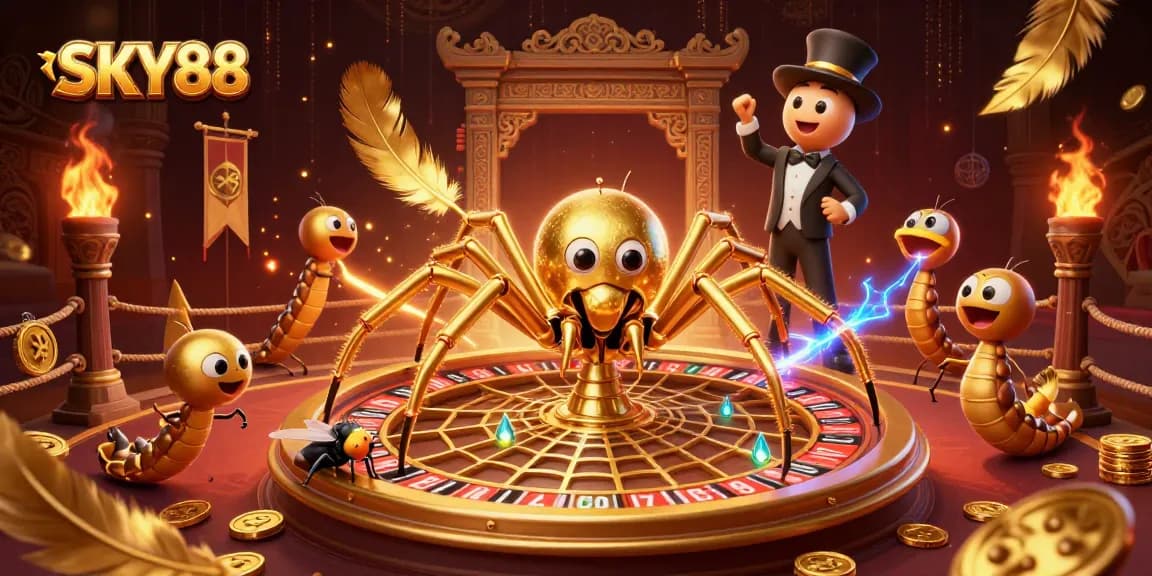 Experience thrilling bets at SKY88 with a golden spider roulette wheel and centipede croupier.