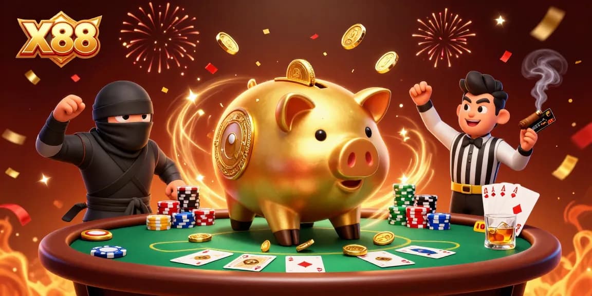 X88 players engage in vibrant casino action with a golden piggy bank, poker chips, and confetti.