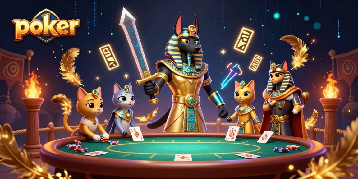 Poker warriors engage at a dynamic table with Anubis and Bastet in a vibrant scene.