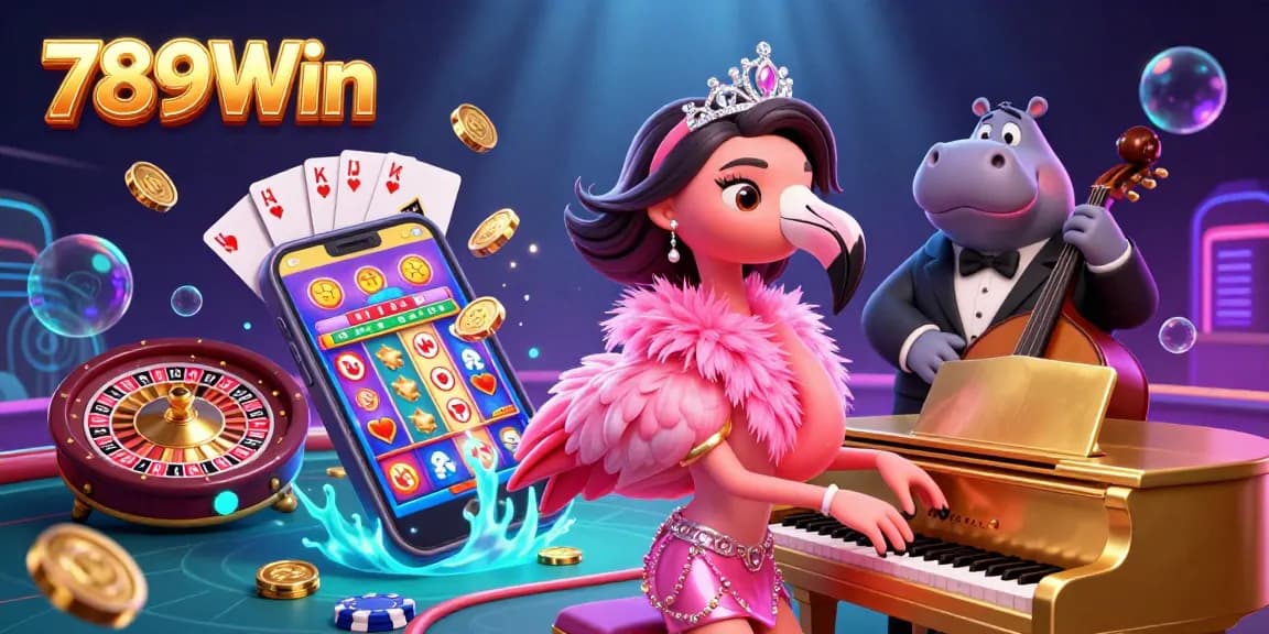 Experience the vibrant joy of gaming with 789Win, represented in a lively illustration featuring casino elements and characters.