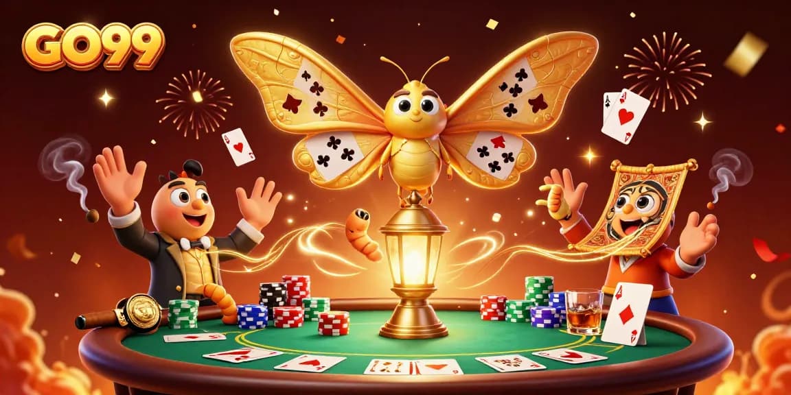 Engage with GO99's vibrant 3D casino scene showcasing poker elements and a majestic moth.