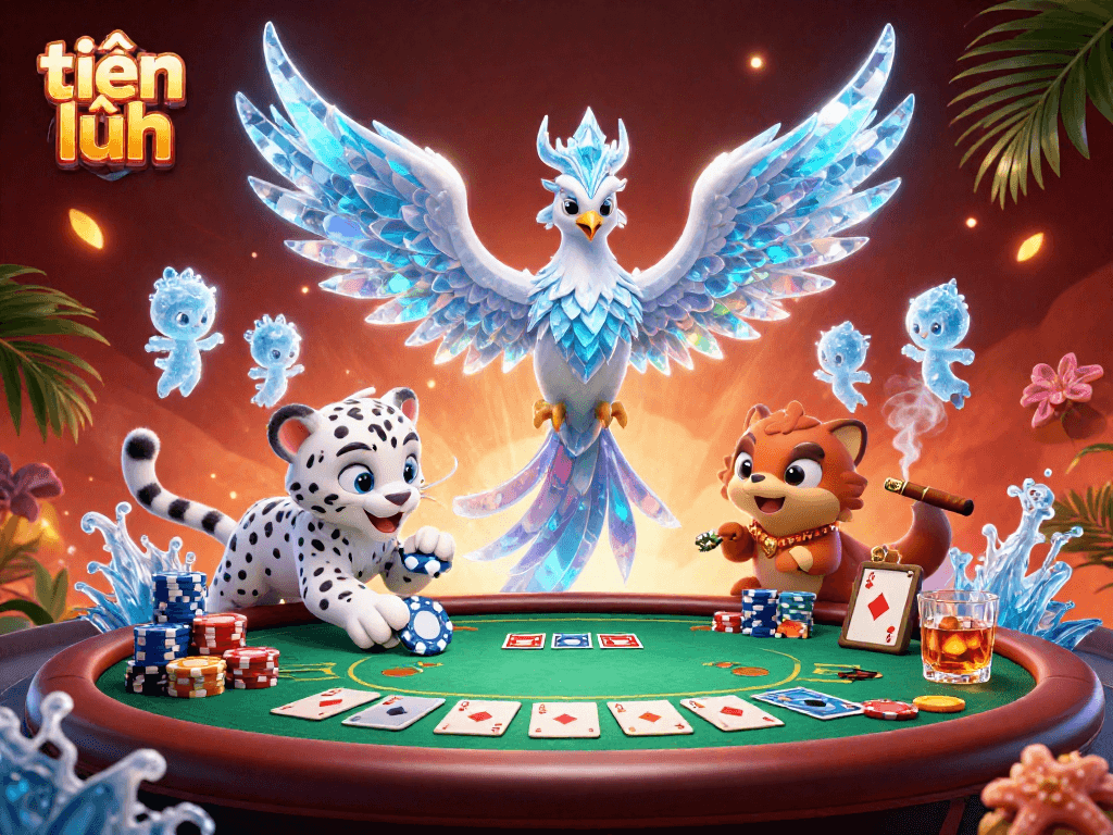 Win big in tiến lên with strategic plays in this vibrant poker scene featuring fun characters.
