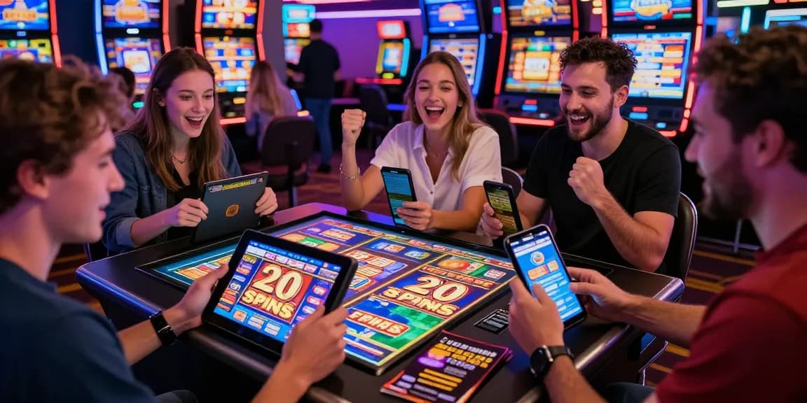 Excited players enjoying the thrill of 20 free spins on registration no deposit at a lively online casino, showcasing dynamic slot game interfaces.