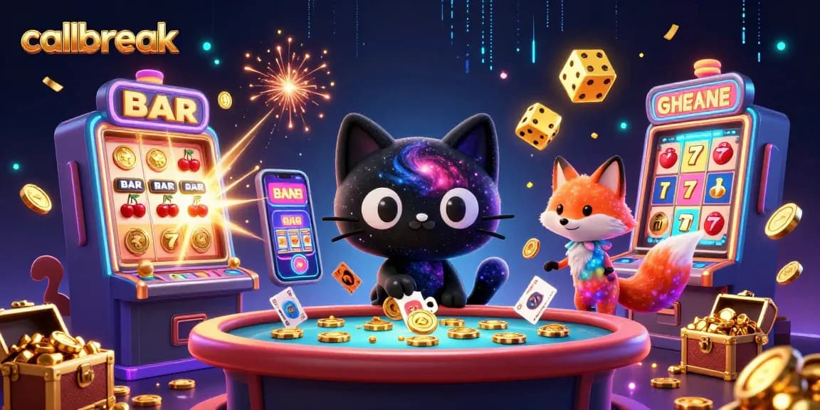 Engage in callbreak card strategy with action-packed casino elements in a vibrant 3D illustration.