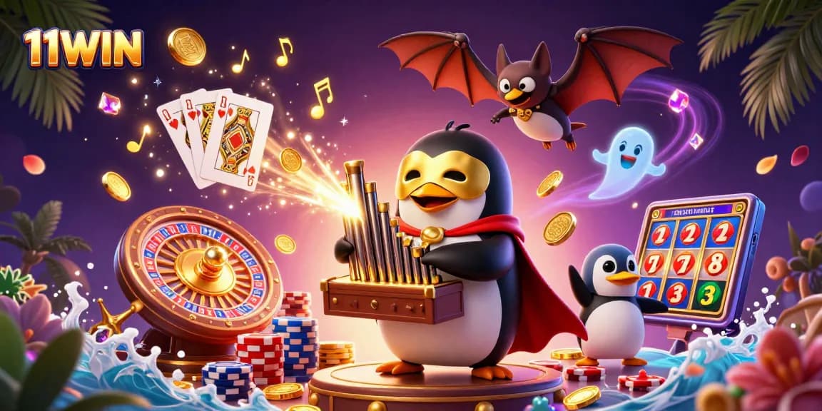 Experience exciting gaming adventures with 11WIN as golden coins cascade from a magical organ.