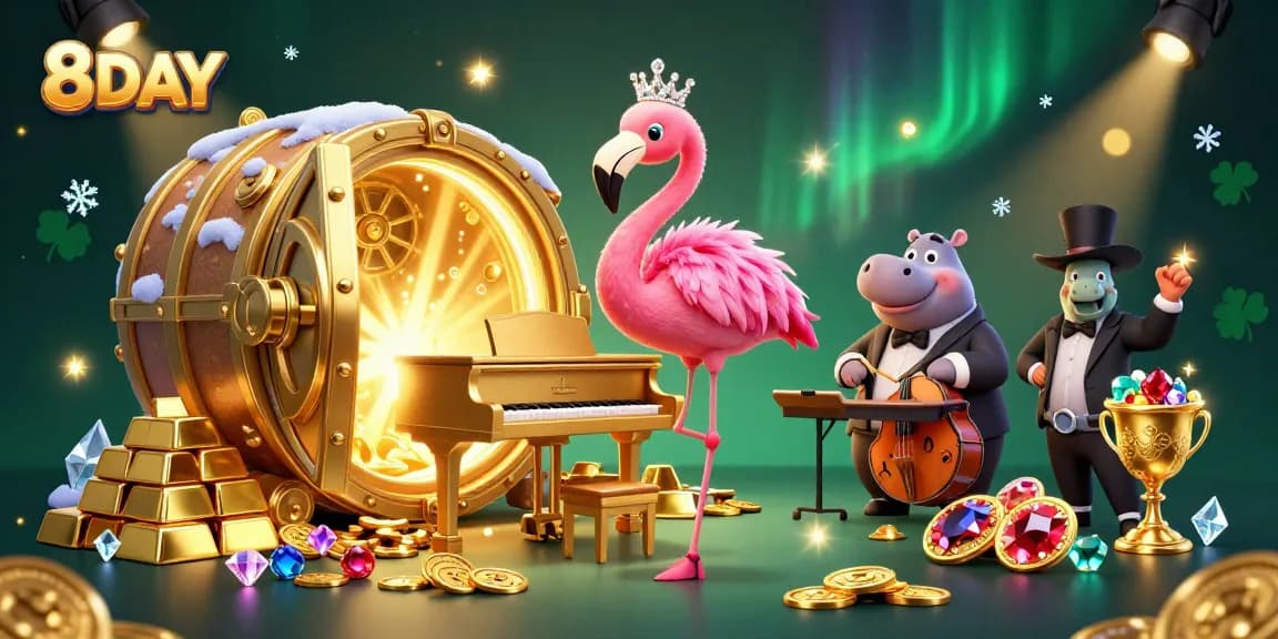 Experience the thrilling atmosphere of 8DAY casino with cartoon characters surrounded by jackpots and treasures.