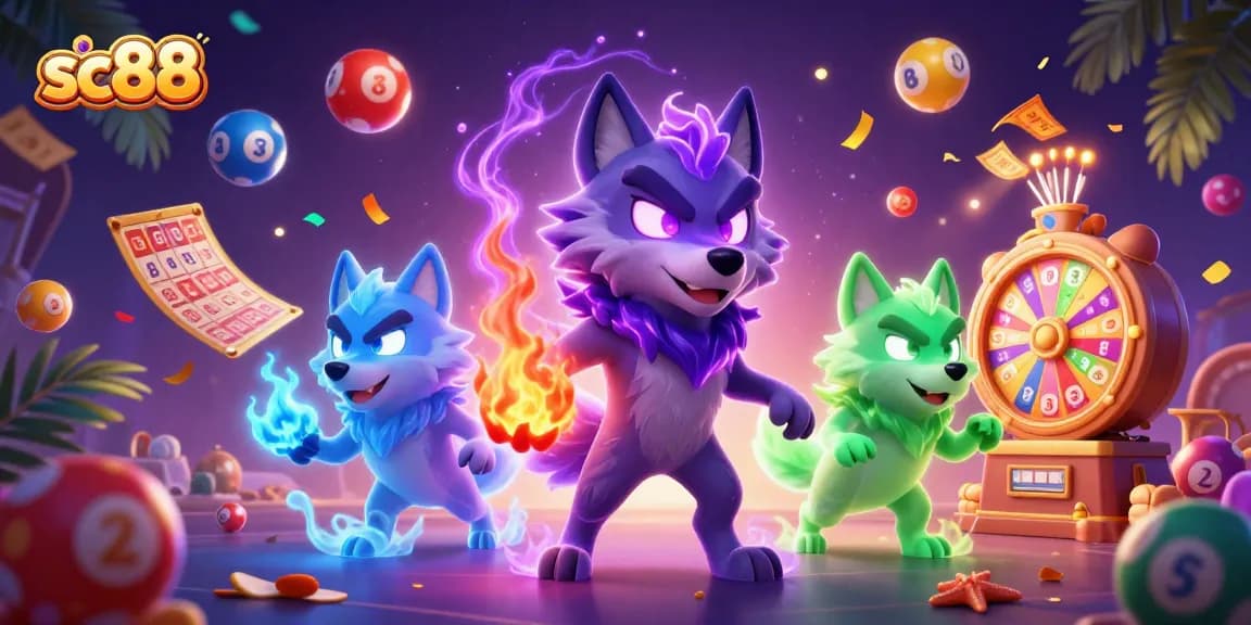 Engage with sc88 and experience thrilling lottery excitement with vibrant game elements and cartoon wolves.