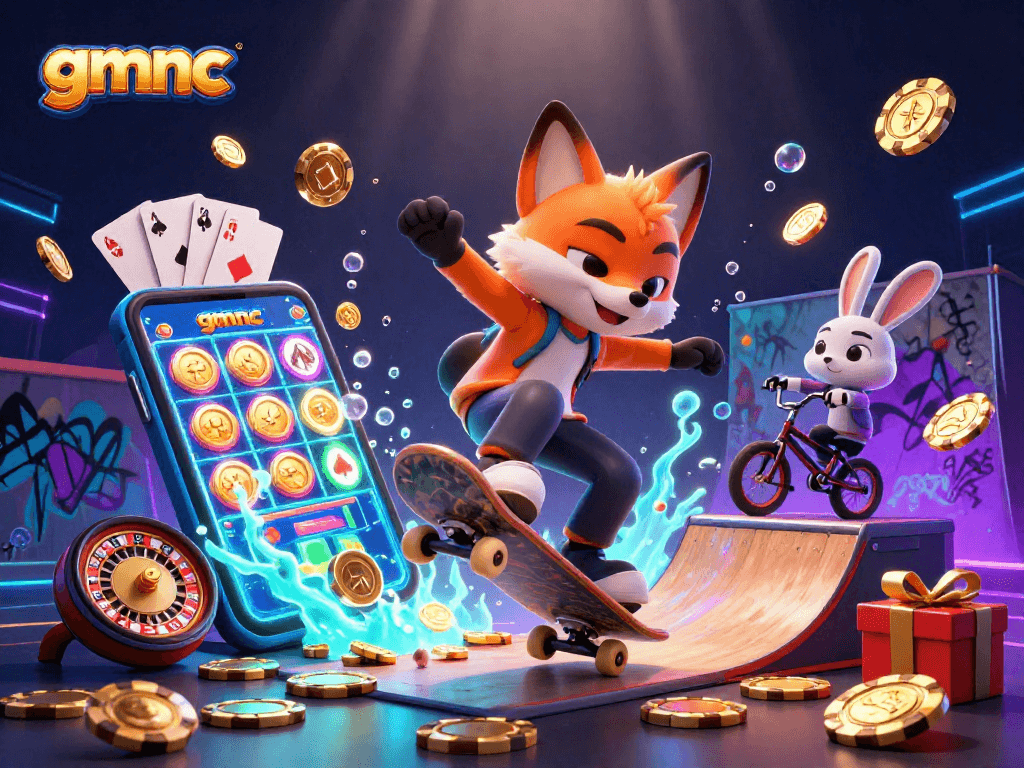 Experience gmnc excitement with dynamic characters performing tricks amidst vibrant casino elements.
