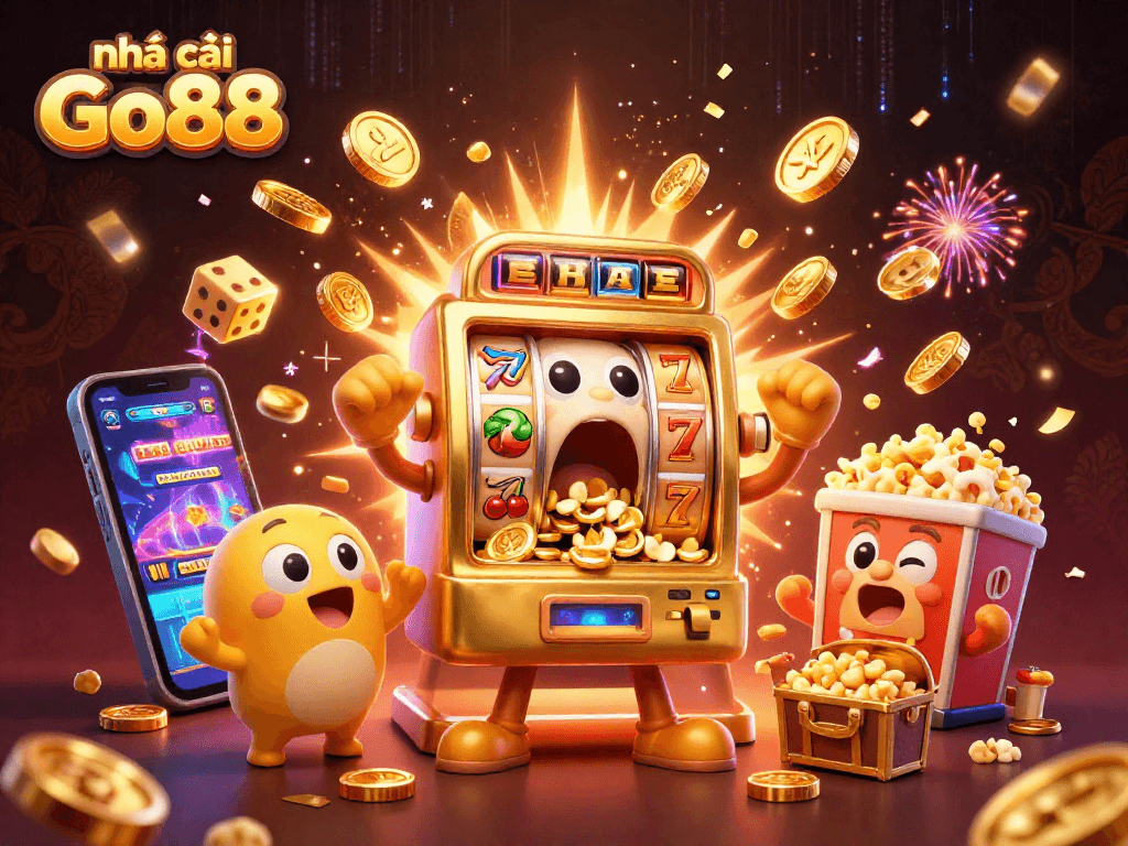Engaging 3D cartoon scene featuring nhà cái Go88's golden slot machine celebrating a jackpot amid animated casino elements.