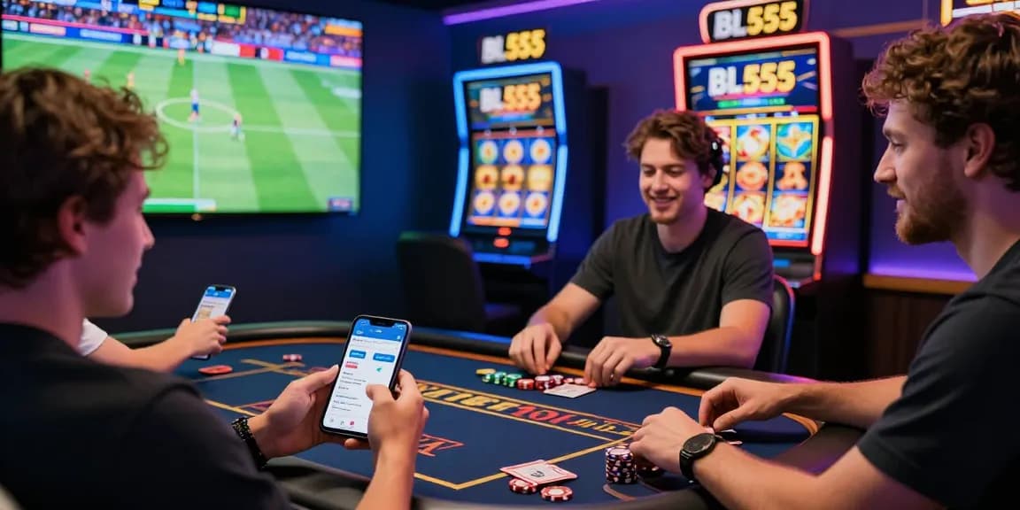 Exciting online gambling atmosphere with users enjoying games and sports betting on the BL555 platform