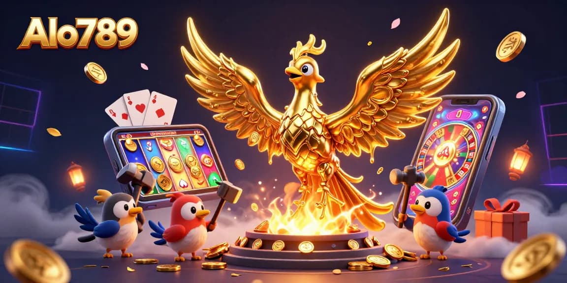 Alo789 captivates with a molten phoenix illustration, showcasing vibrant casino gameplay elements in a magical setting.