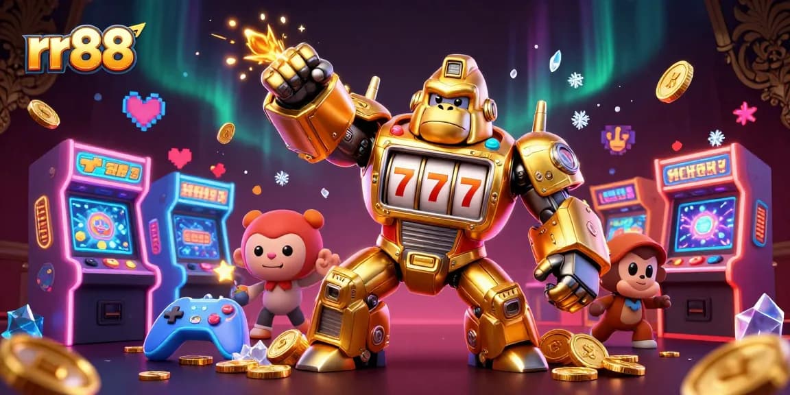 Experience thrilling jackpot action with rr88's dynamic casino-themed illustration featuring a golden gorilla mech.