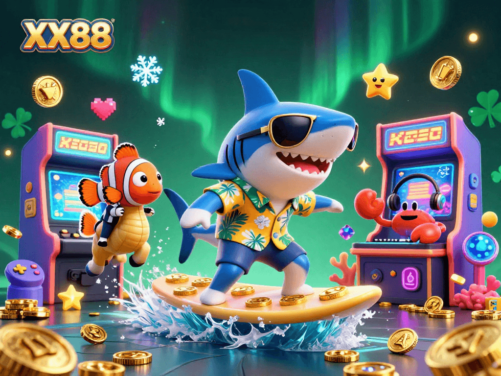 Experience thrilling wins at XX88 with a vibrant 3D casino scene filled with colorful game elements.