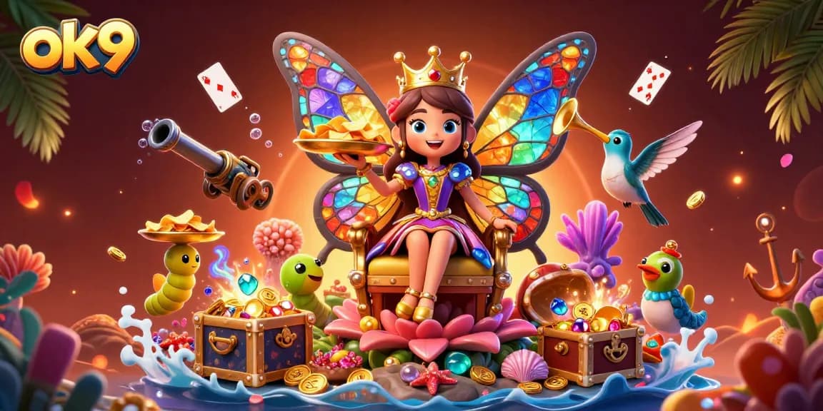 Engage with dynamic casino gameplay on OK9 featuring vibrant characters and gold coin treasures.