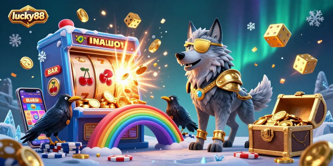 Spin to win with lucky88 in a vibrant 3D casino luck scene filled with jackpots and excitement.