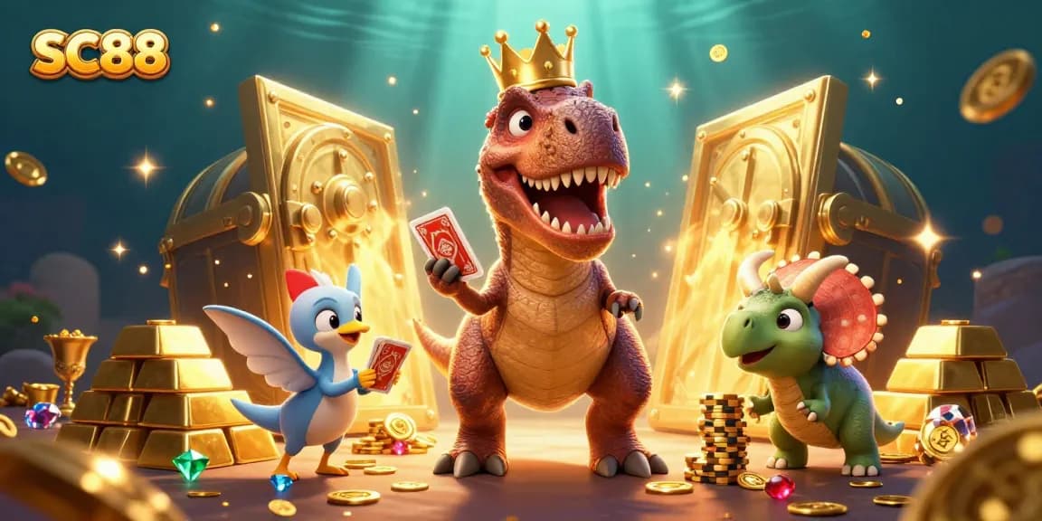 SC88 welcomes players with a T-Rex dealer and friends amidst gold treasures and casino games.