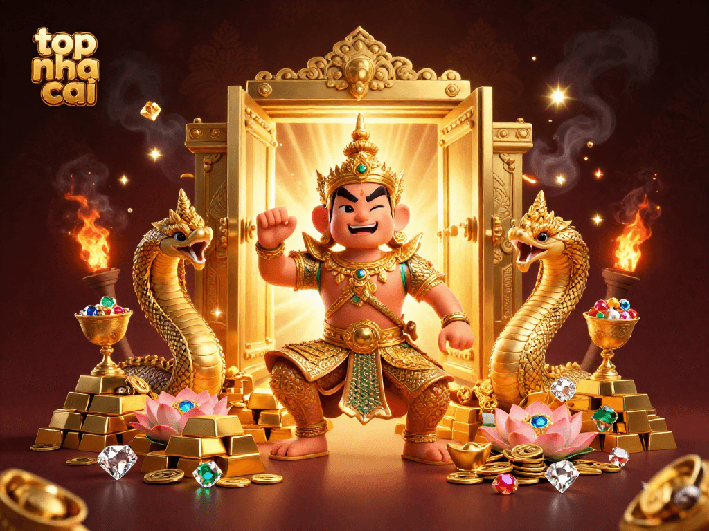 Engage with top nha cai in this vibrant 3D casino scene showcasing golden guardians and treasures.