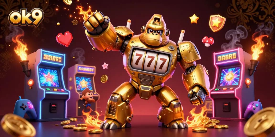 Engage in action-packed gaming with ok9’s vibrant 3D scene featuring a golden gorilla mech and casino elements.
