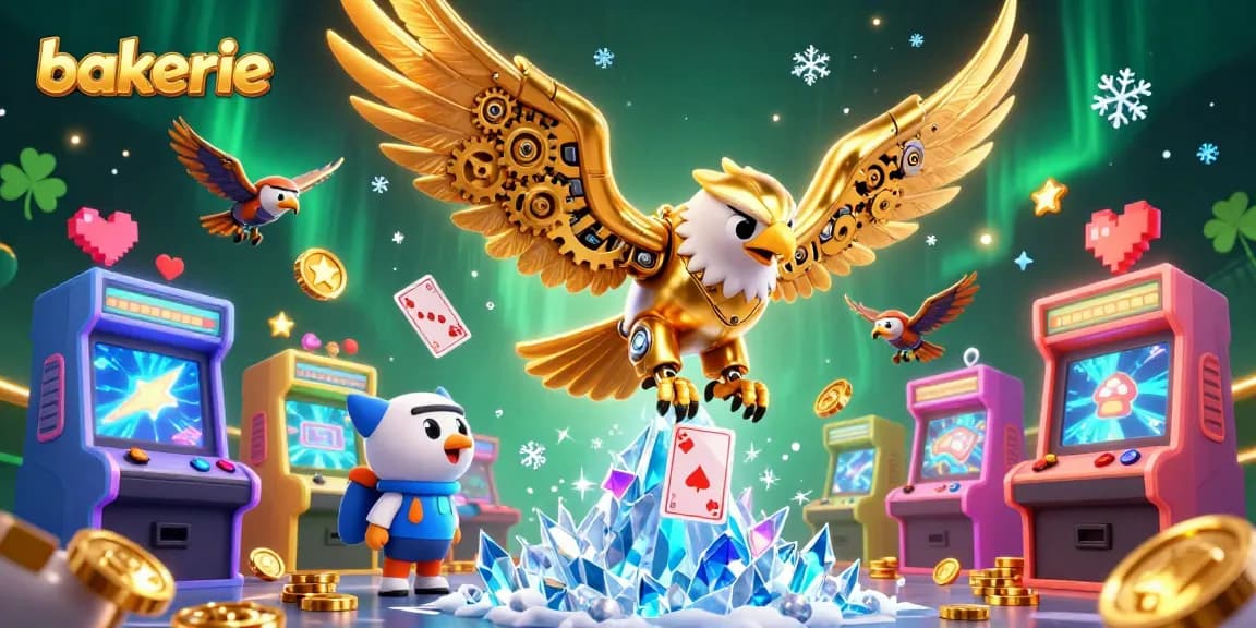Bakerie showcases a 3D illustration with a cybernetic eagle diving through playing cards, emphasizing gambling excitement.