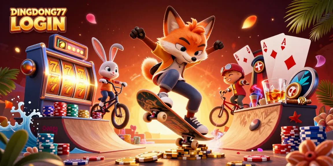 DINGDONG77 LOGIN showcases a lively scene with a skateboarder fox and BMX rabbit, surrounded by vibrant slot game elements.