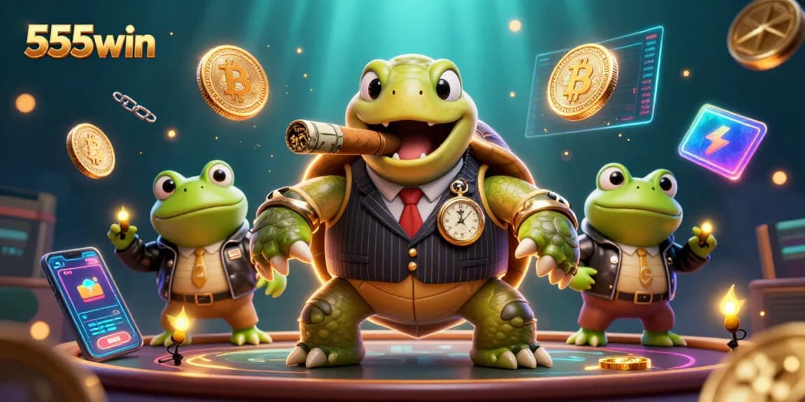 Join the world of 555win as the snapping turtle and bullfrogs play among glowing casino elements.