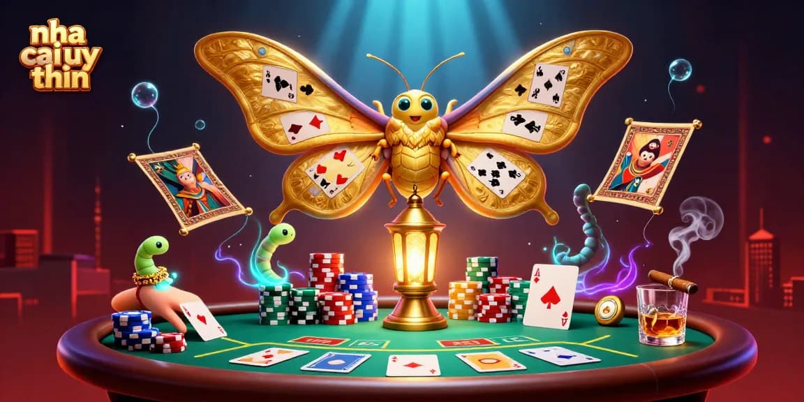 Play and win at nha cai uy tin with exhilarating casino scenes featuring a majestic moth and poker elements.