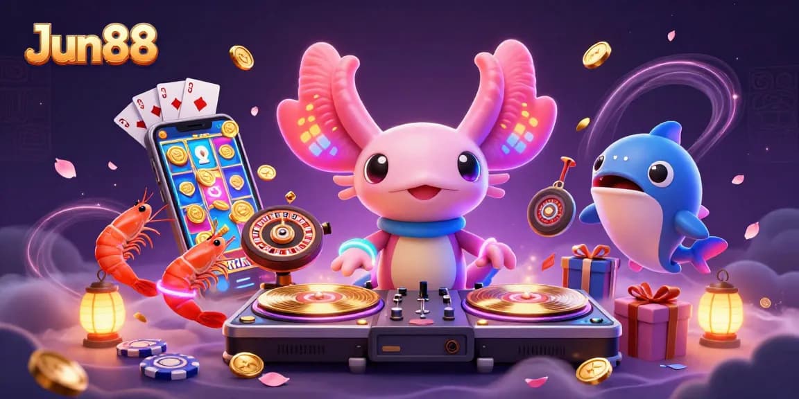 Experience thrilling moments with Jun88's vibrant casino scene featuring a neon axolotl DJ and dynamic game elements.