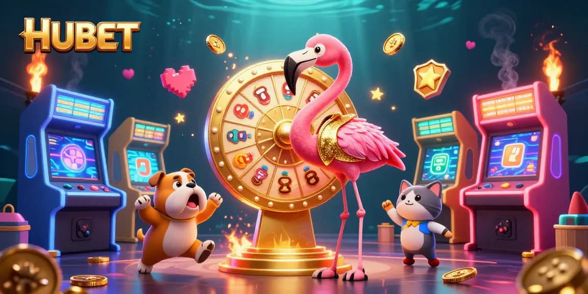 Experience the thrill of HUBET with colorful game elements and excitement in a vibrant casino scene.