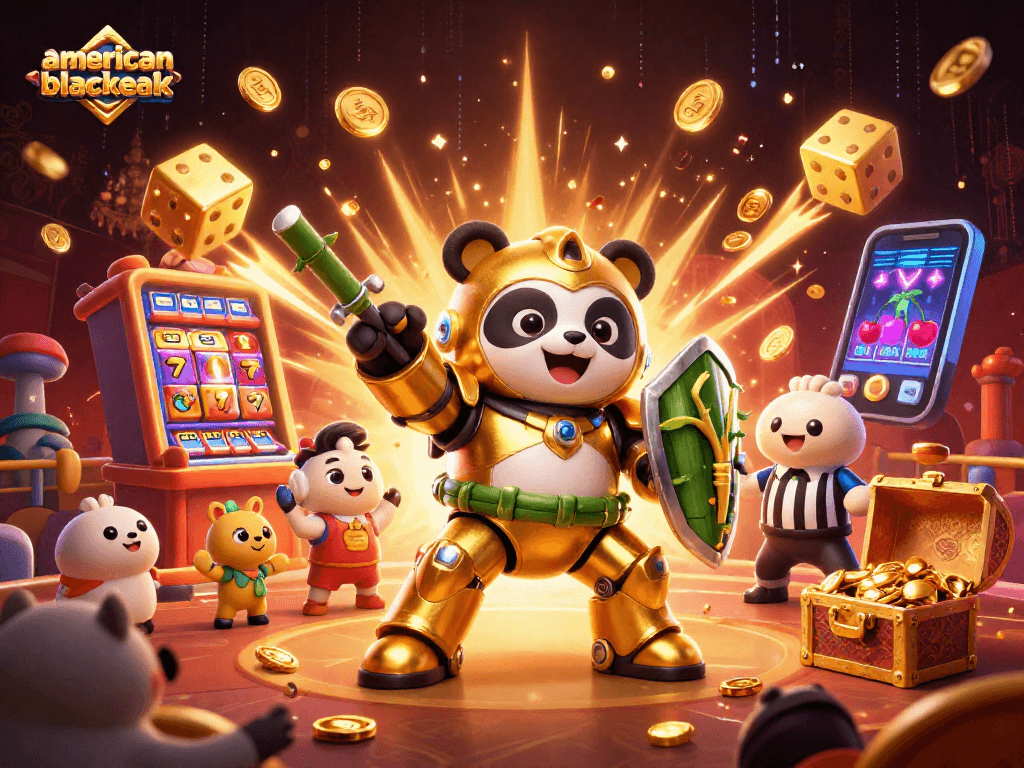 Experience thrilling gameplay in american blackjack with a panda piloting a mech-suit amidst casino excitement.
