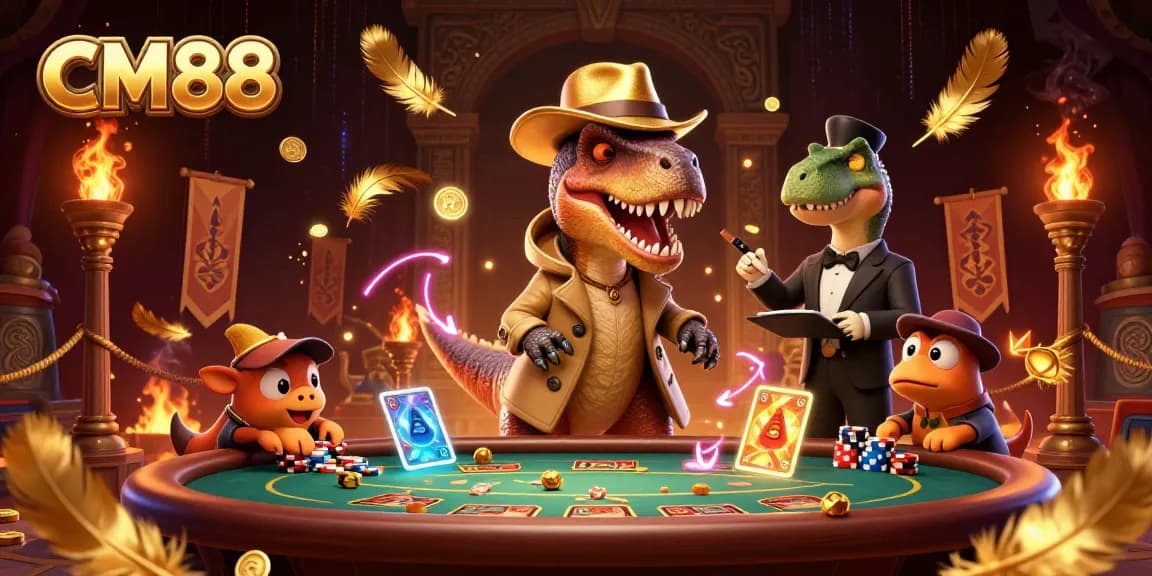 CM88 velociraptor card counter blends into the casino scene while sneaky creatures distract the pit boss.
