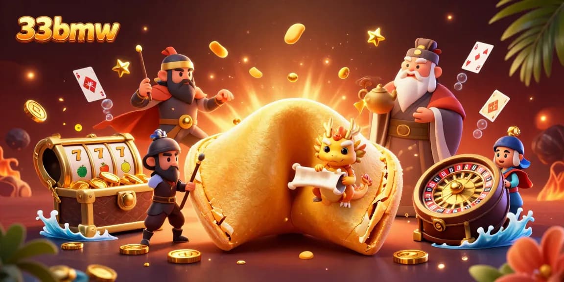 Engaging illustration of 33bmw featuring a golden fortune cookie and vibrant casino elements in a lively casino setting.
