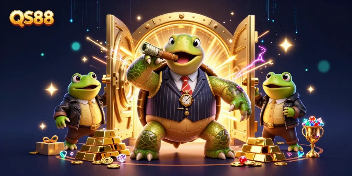 Win big at QS88 with the massive turtle mobster and his bullfrog enforcers in a dazzling casino scene.