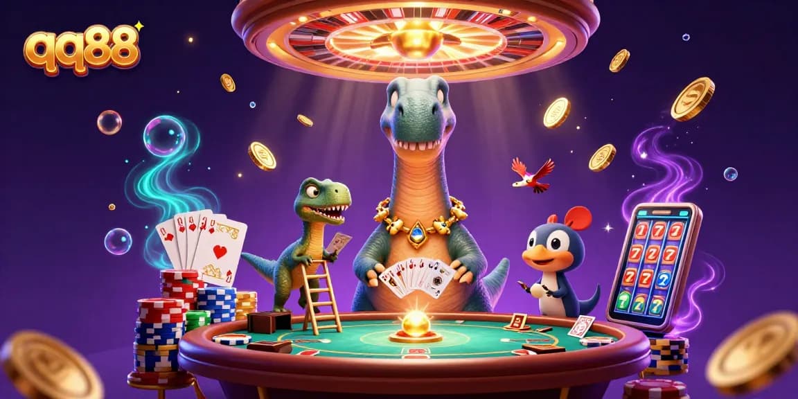 Engage with qq88 at a vibrant casino scene featuring giant characters, dynamic gaming elements, and rich colors.