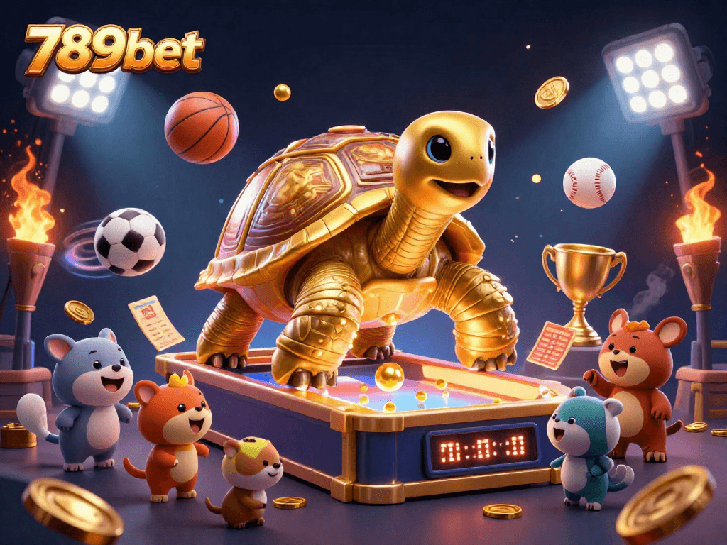 Immerse in the thrilling world of 789bet with this vibrant casino illustration featuring a colossal golden tortoise and dynamic sports betting elements.