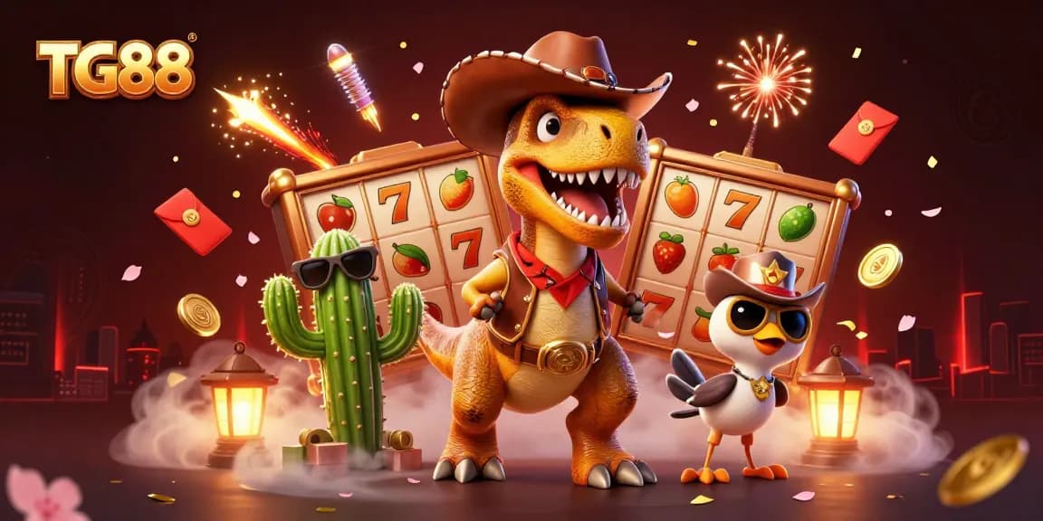 TG88 showcases a vibrant casino adventure with a cartoon dinosaur and friends amidst jackpots and festive elements.